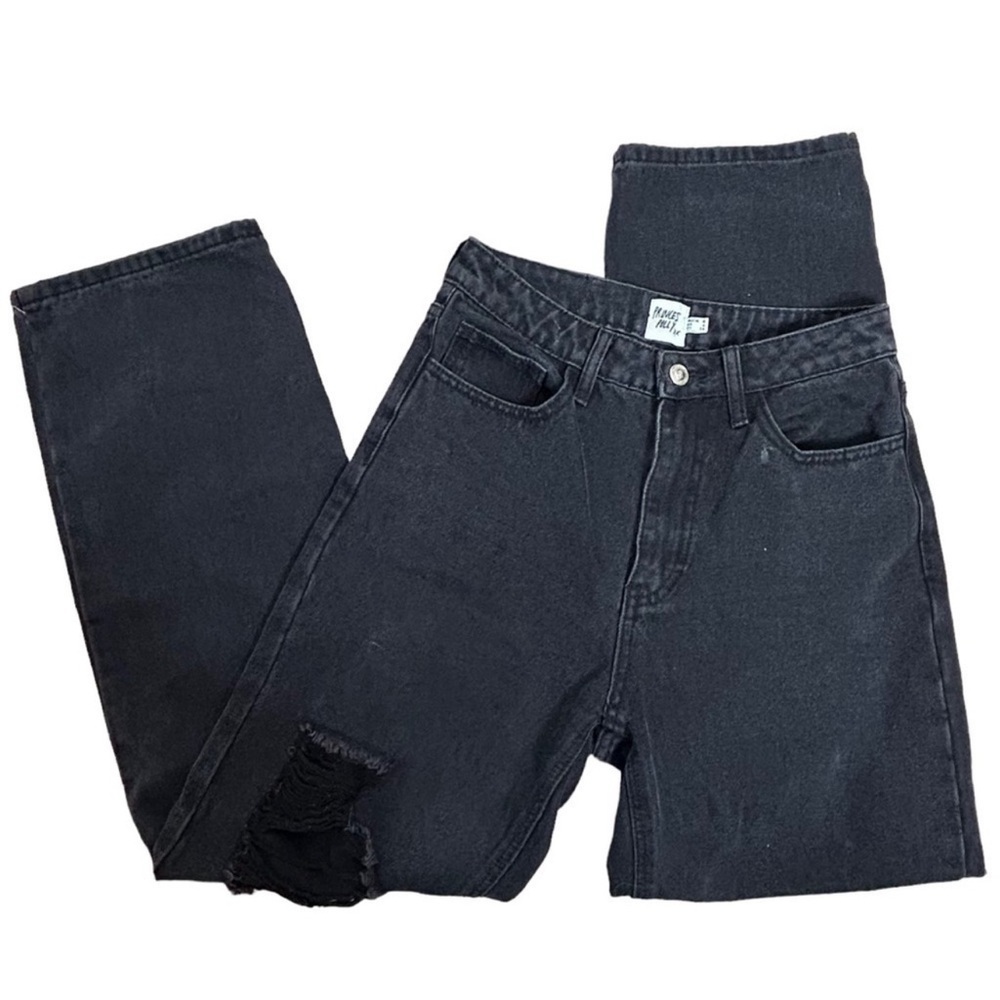 Princess Polly Distressed High Rise Straight Leg Denim Jeans in Washed Black
